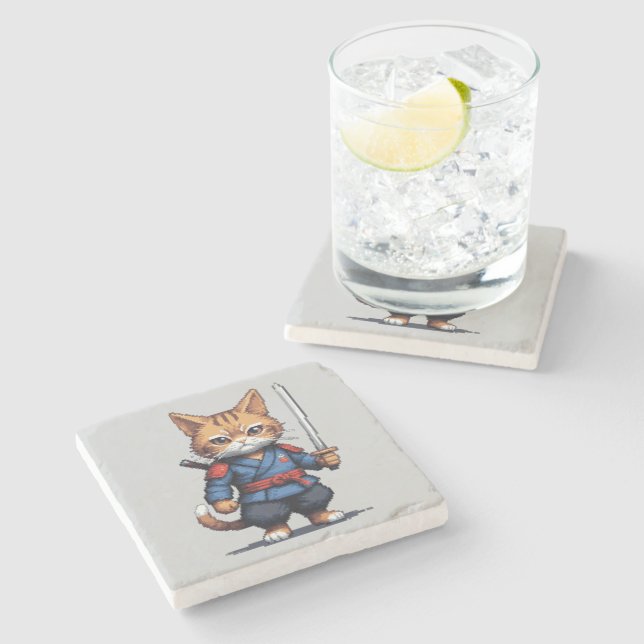 Samurai Cat Pixel Art Stone Coaster (Side)