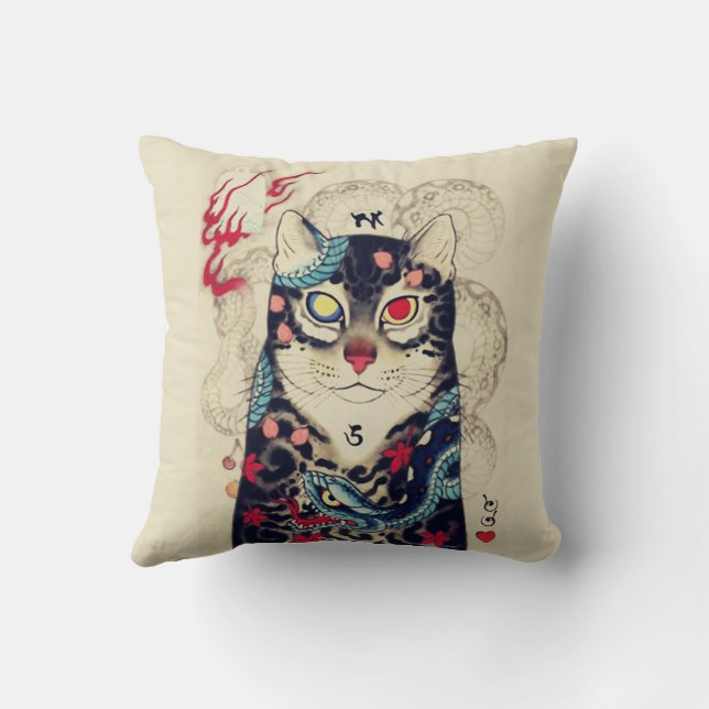 SAMURAI CAT PORTRAIT WITH SERPENT TATTOOS THROW PILLOW (Back)
