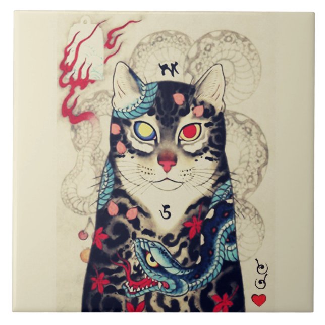 SAMURAI CAT PORTRAIT WITH SERPENT TATTOOS TILE (Front)