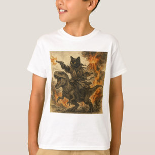 Samurai Cat Riding Dinosaur in Volcanic Eruption T-Shirt