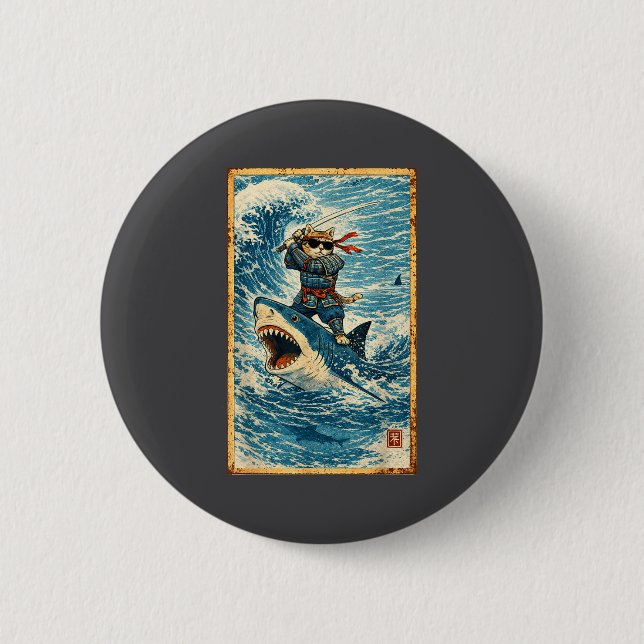 Samurai Cat Riding Shark Retro Wave Warrior Funny  2 Inch Round Button (Front)