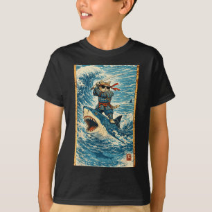 Samurai Cat Riding Shark Retro Wave Warrior Funny T-Shirt