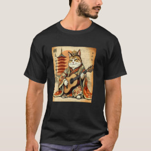 Samurai Cat Shreds Japanese Warrior Guitar Art T-Shirt