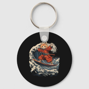 Samurai Cat Surfing Great Wave Ronin Katana  Keychain