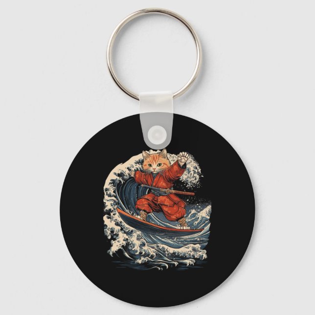 Samurai Cat Surfing Great Wave Ronin Katana  Keychain (Front)