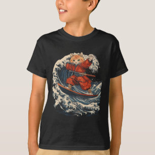 Samurai Cat Surfing Great Wave Ronin Katana T-Shirt