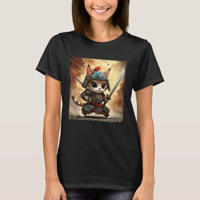 Samurai Cat Warrior  Fierce & Fluffy Style T-Shirt (Front)