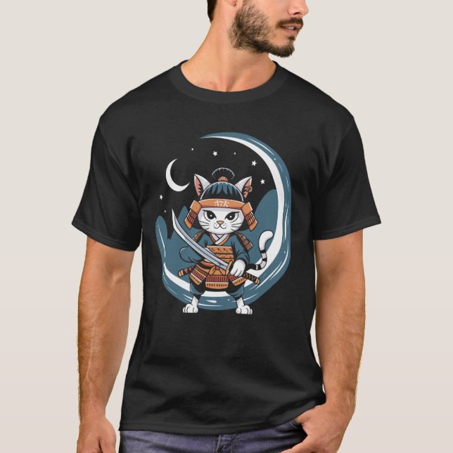 Samurai Cat Warrior Full Moon Art T-Shirt (Front)