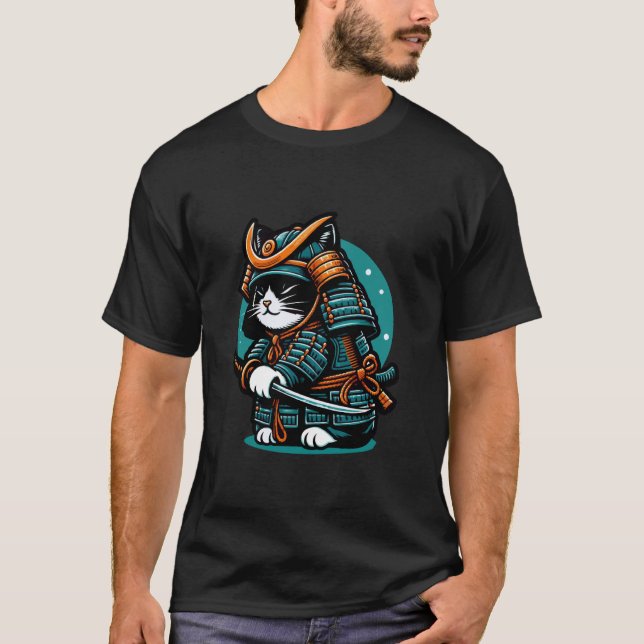 Samurai Cat Warrior In Armour With Sword T-Shirt (Front)