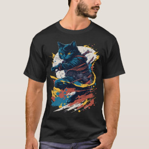 Samurai Cat Warrior Japanese Style Feline Art T-Shirt