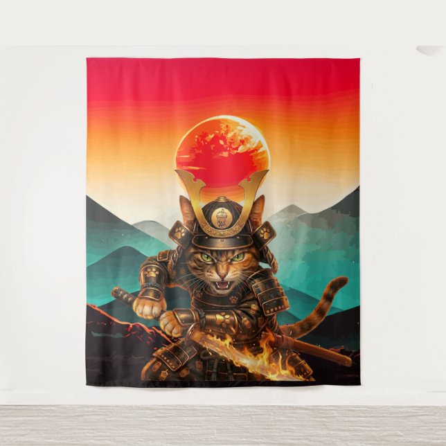Samurai Cat Warrior Legend Wall Tapestry (Front)