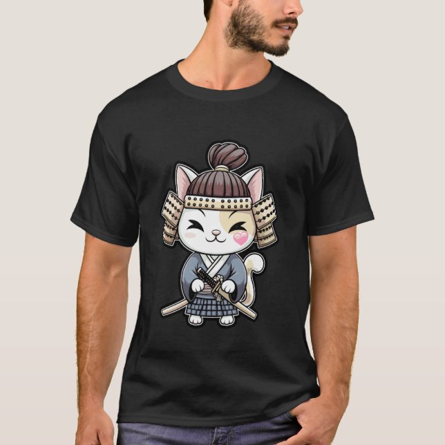 Samurai Cat Warrior with Katana Design T-Shirt (Front)