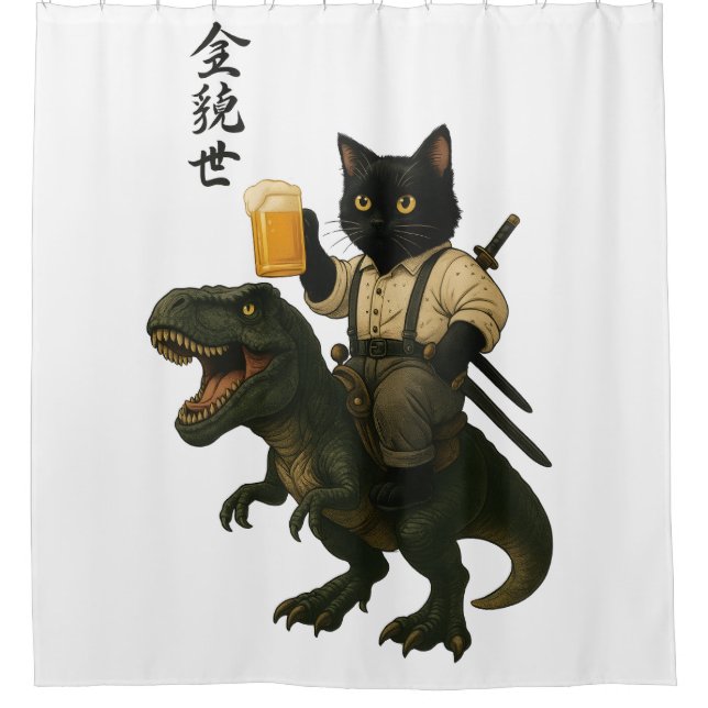 Samurai Cat with Beer & T-Rex | Retro Japanese Art (Front)
