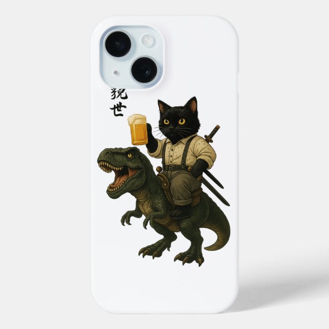 Samurai Cat with Beer & T-Rex | Retro Japanese Art Case-Mate iPhone Case (Back)
