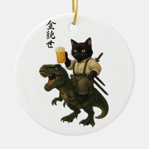 Samurai Cat with Beer & T-Rex   Retro Japanese Art Ceramic Ornament