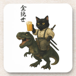 Samurai Cat with Beer & T-Rex   Retro Japanese Art Coaster