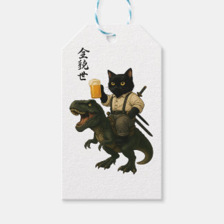 Samurai Cat with Beer & T-Rex | Retro Japanese Art Gift Tags