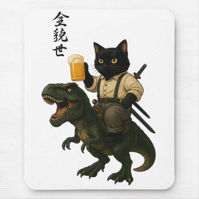 Samurai Cat with Beer & T-Rex | Retro Japanese Art Mouse Pad (Front)