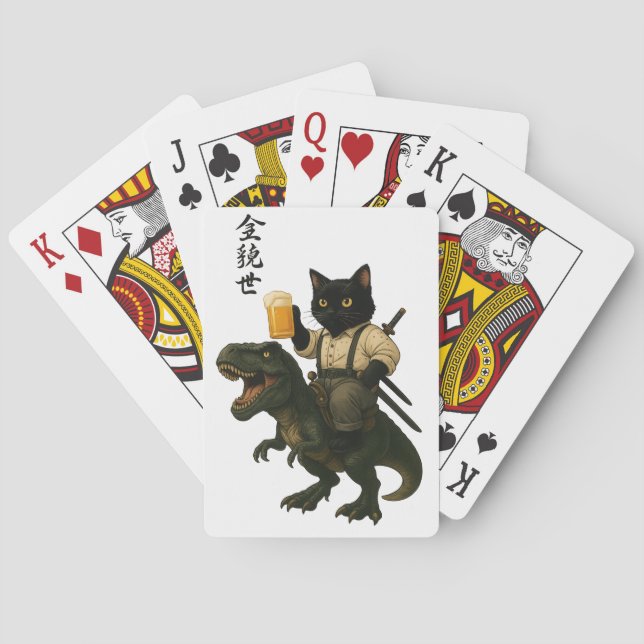 Samurai Cat with Beer & T-Rex | Retro Japanese Art Playing Cards (Back)