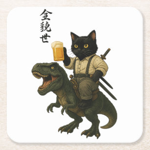 Samurai Cat with Beer & T-Rex   Retro Japanese Art Square Paper Coaster