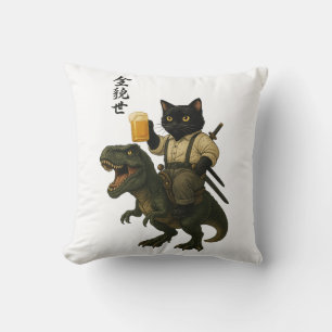 Samurai Cat with Beer & T-Rex Retro Japanese Art Throw Pillow
