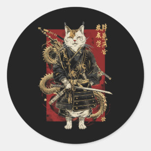 Samurai Cat With Dragon Japanese Kanji  Classic Round Sticker