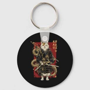 Samurai Cat With Dragon Japanese Kanji  Keychain