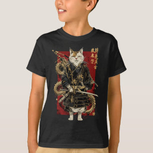 Samurai Cat With Dragon Japanese Kanji T-Shirt