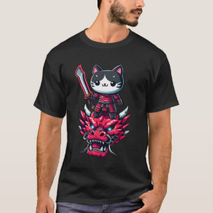 Samurai Cat with Sword on Dragon in Epic 3D Effect T-Shirt