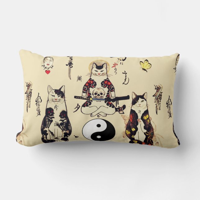 SAMURAI CATS IN SKULL,SKELETON,BUTTERFLY TATTOOS  LUMBAR PILLOW (Front)