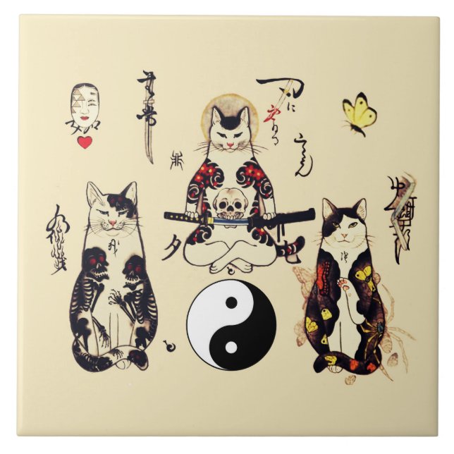 SAMURAI CATS IN SKULL,SKELETON,BUTTERFLY TATTOOS  TILE (Front)