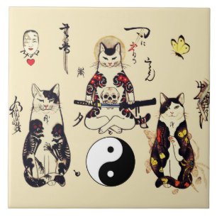 SAMURAI CATS IN SKULL,SKELETON,BUTTERFLY TATTOOS  TILE