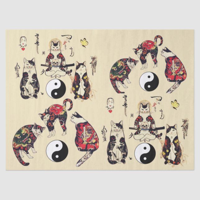 SAMURAI CATS IN SKULL,SKELETON,BUTTERFLY TATTOOS  TISSUE PAPER (Front)
