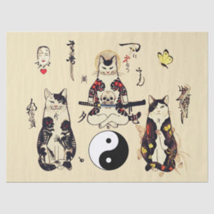 SAMURAI CATS IN SKULL,SKELETON,BUTTERFLY TATTOOS  TISSUE PAPER