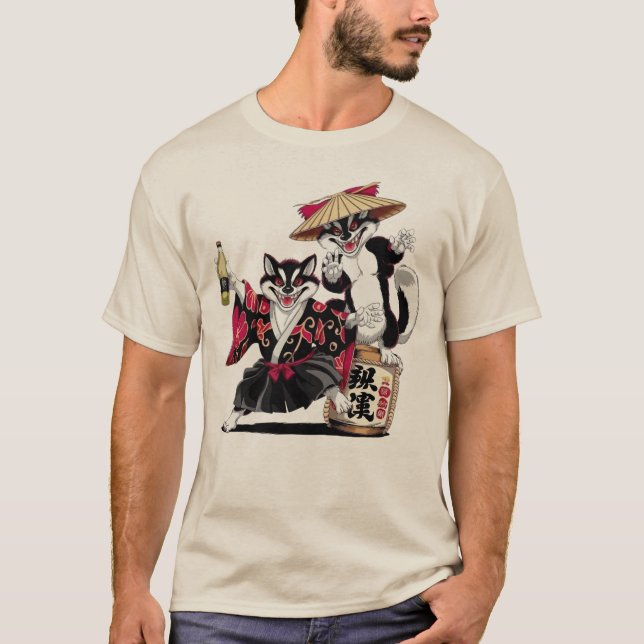 Samurai Cats Sake Party  T-Shirt (Front)