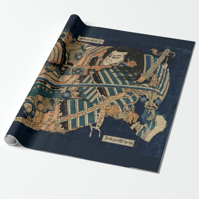 SAMURAI COMBAT WITH KATANA SWORDS by Hokusai Wrapping Paper (Unrolled)