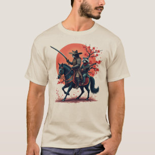 Samurai Cowboy Cat and Raccoon Riding a Horse unde T-Shirt