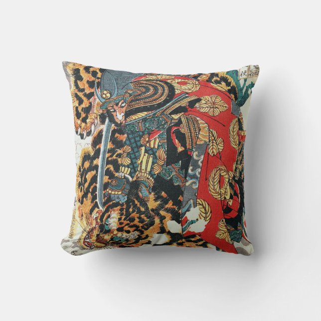 Samurai Fighting a Tiger, Kuniyoshi, Ukiyo-e Throw Pillow (Front)