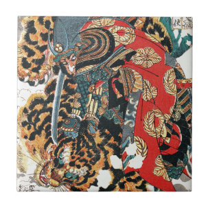 Samurai Fighting a Tiger, Kuniyoshi, Ukiyo-e Tile
