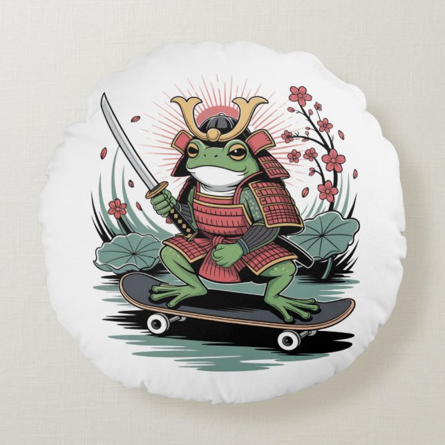  Samurai frog warrior Round Pillow (Front)