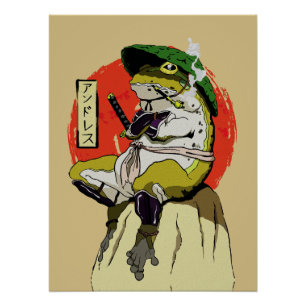 Samurai Frog with Red Sun Aesthetic Poster