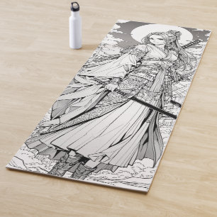 samurai girl and moon anime ink draw art yoga mat