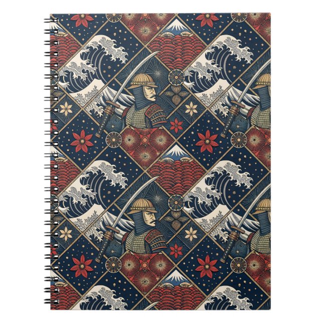 Samurai & Great Wave Traditional Japanese Pattern Notebook (Front)