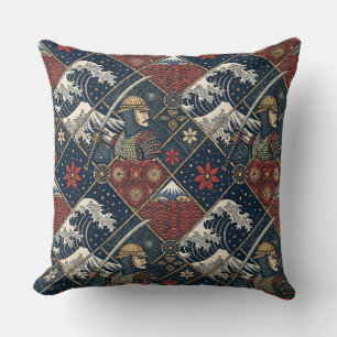 Samurai & Great Wave Traditional Japanese Pattern Throw Pillow