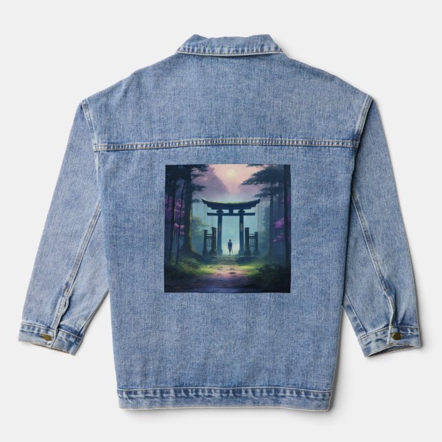 Samurai Guardian: Mystical Forest with Torii Gate Denim Jacket (Back)