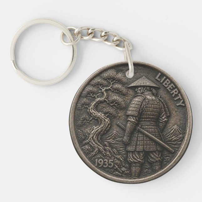 Samurai Hobo Nickel Carved Coin Double Sided Keychain (Front)