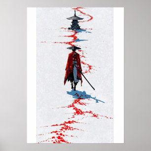Samurai in Red Robe on White Poster