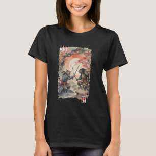 Samurai Japan Cat vs Wolf Warrior Graphics Vintage T-Shirt