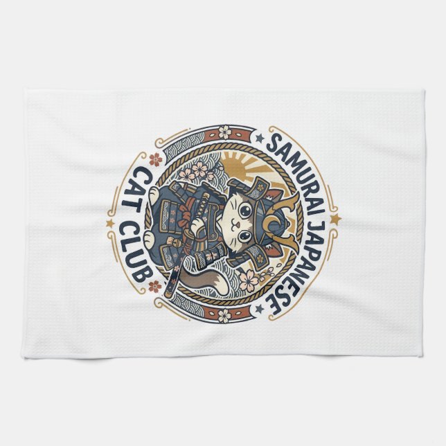 Samurai Japanese Cat POD Vector Art - Samurai Japa Kitchen Towel (Horizontal)