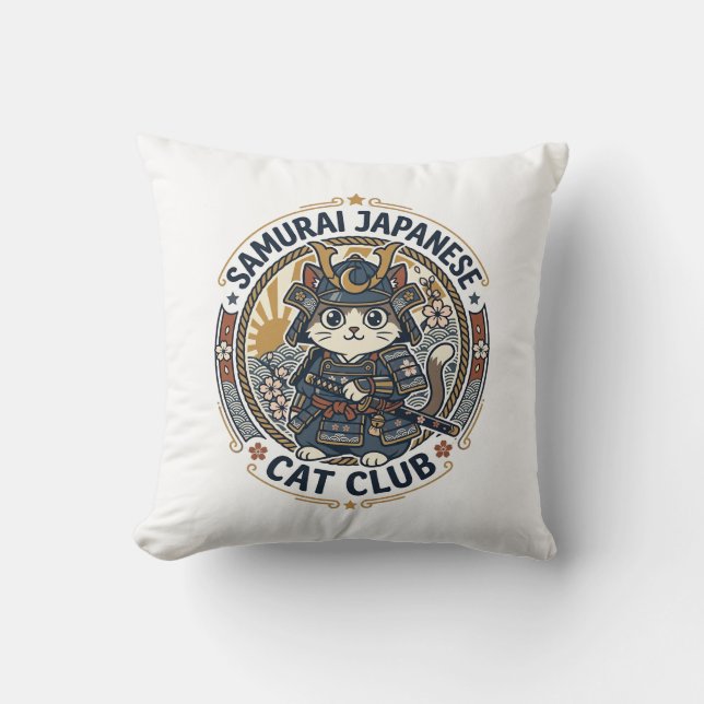 Samurai Japanese Cat POD Vector Art - Samurai Japa Throw Pillow (Front)